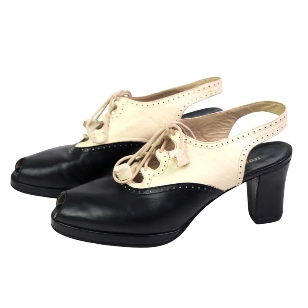 Stephane Kelian BLACK BEIGE LEATHER MID HEEL OPEN TOE LACE SLINGBACK SANDALS 5